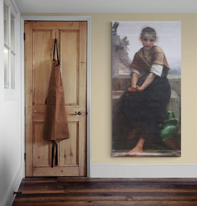 Image of a Legion of Honor Art Museum Street Banner with a full image of Bouguereau's "The Broken Pitcher" hanging in a hallway next to a door. The artwork is a girl sitting next to a broken pitcher.